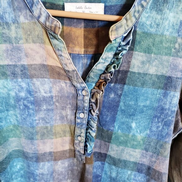 Anthropologie Isabella Sinclair Plaid Ruffle Henley Top Acid Wash Size Womens XS - Picture 6 of 11